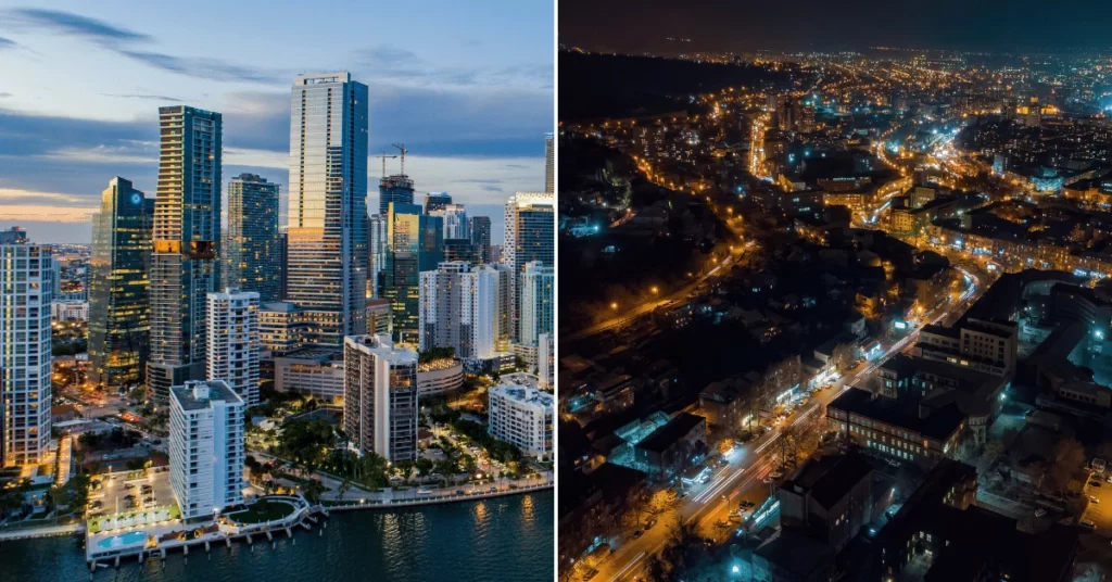 Drone images of night and day.