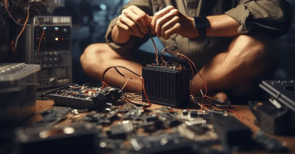 A skilled drone pilot sits in a dimly lit workshop cluttered with electronic components. The atmosphere is tense, filled with determination and a hint of excitement.