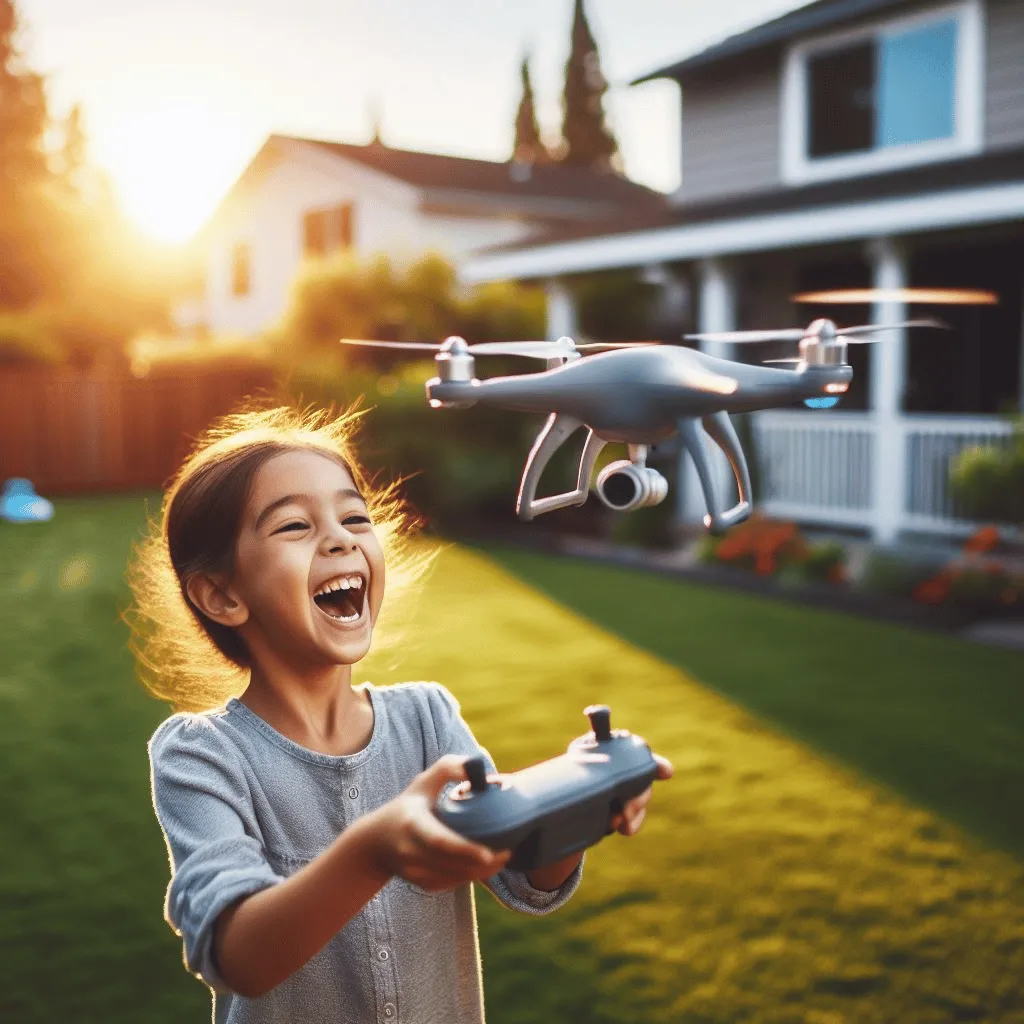A sunlit backyard filled with the laughter of a young child, controlling a sleek, silver drone with precision. The drone hovers mid-air, capturing the genuine excitement on the kid's face as they manipulate the controls. - Are Drones Hard to Fly?