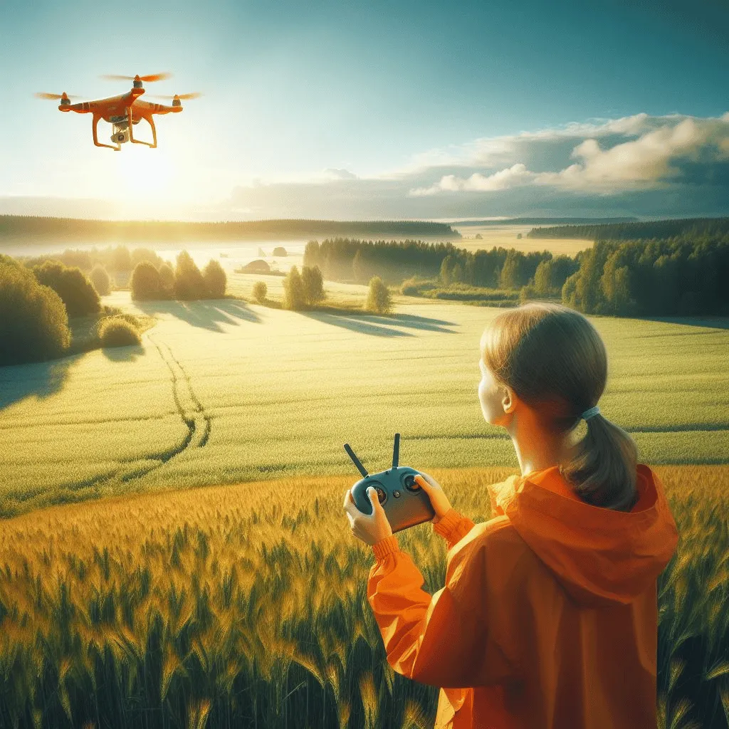 A novice drone pilot, wearing a vivid orange jacket, stands in a vast open field, anxiously controlling a small drone hovering mid-air. - Are Drones Hard to Fly?