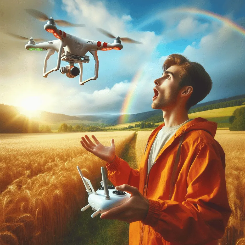 A novice drone pilot, wearing a vivid orange jacket, stands in a vast open field, anxiously controlling a small drone hovering mid-air. 