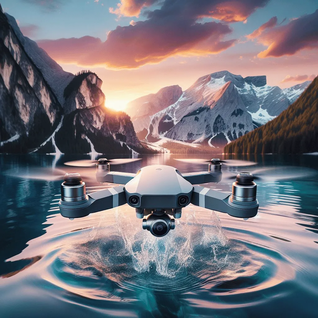 A sleek, waterproof drone hovers just above the surface of a crystal-clear alpine lake, its rotors creating ripples on the water. 