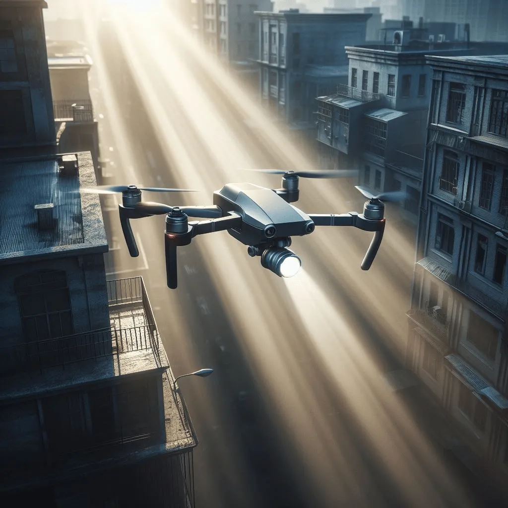 A police drone, sleek and metallic, hovers silently over a cityscape at night. Its spotlight pierces through the darkness, casting long shadows on the urban landscape.