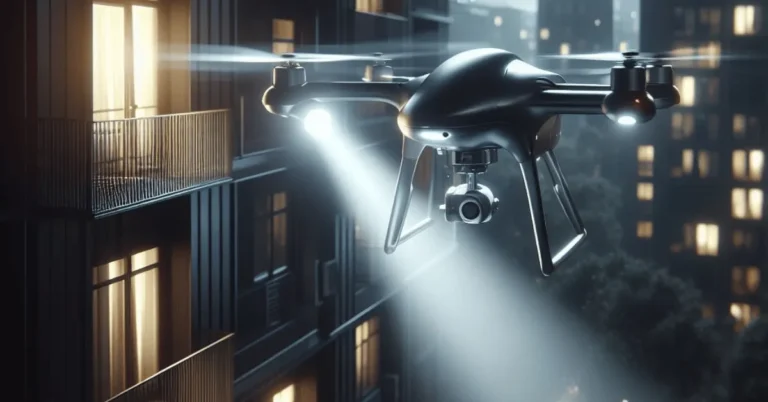 A police drone, sleek and metallic, hovers silently over a cityscape at night. Its spotlight pierces through the darkness, casting long shadows on the urban landscape.