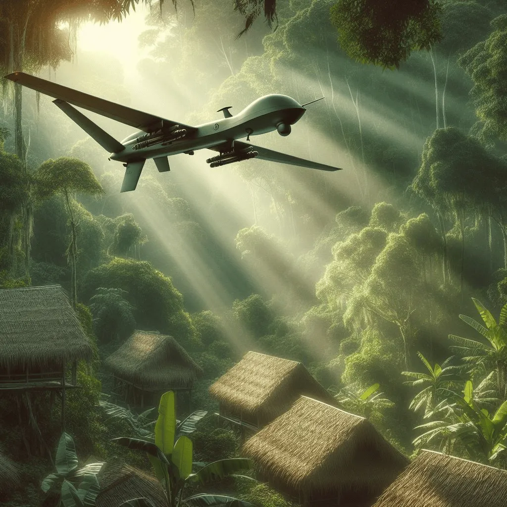 A military drone, sleek and menacing, hovers low over a dense jungle canopy, casting shadows on traditional thatched huts below.