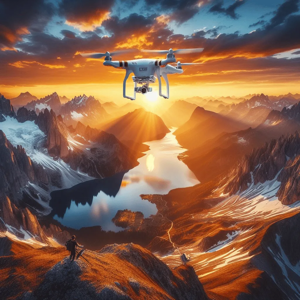 A skilled drone pilot maneuvers a cutting-edge quadcopter over a majestic mountain range during a vibrant sunset. 