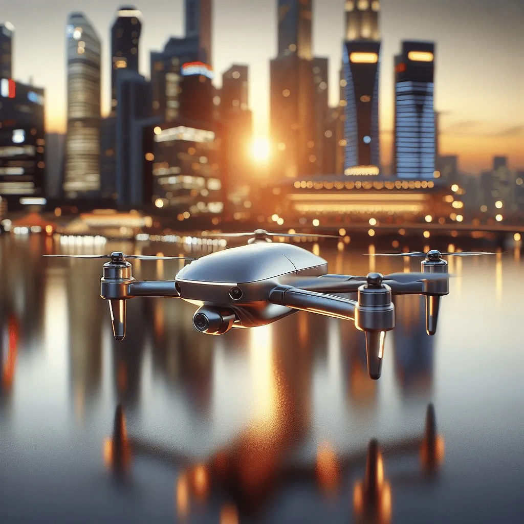 A sleek, metallic drone hovers gracefully against the backdrop of a modern urban skyline during the golden hour.