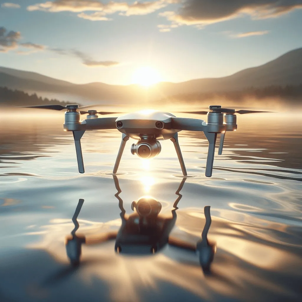 A sleek, silver drone hovering gracefully over a serene lake at dawn. The water reflects the warm hues of the rising sun, creating a breathtaking scene.