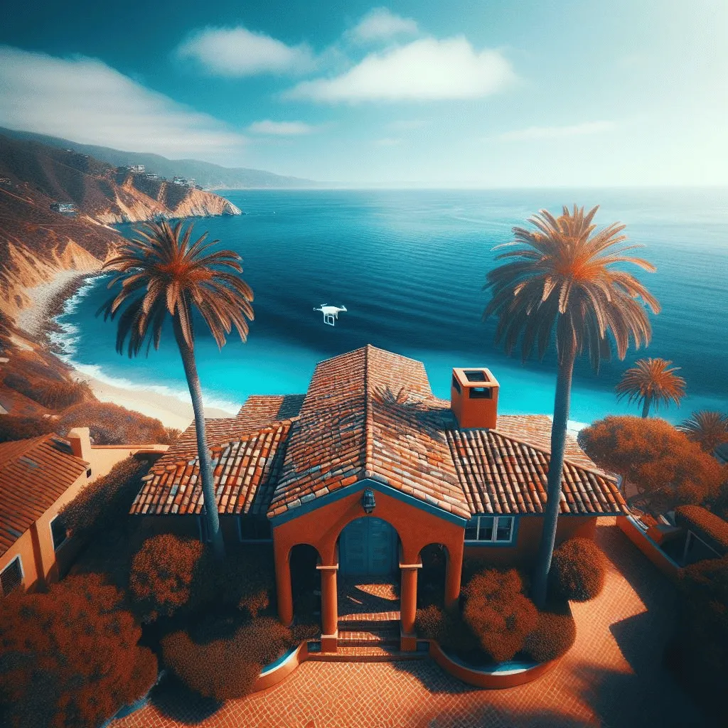 A high-angle view capturing a drone's perspective as it gracefully hovers over the tiled roof of a Mediterranean-style house on Catalina Island.