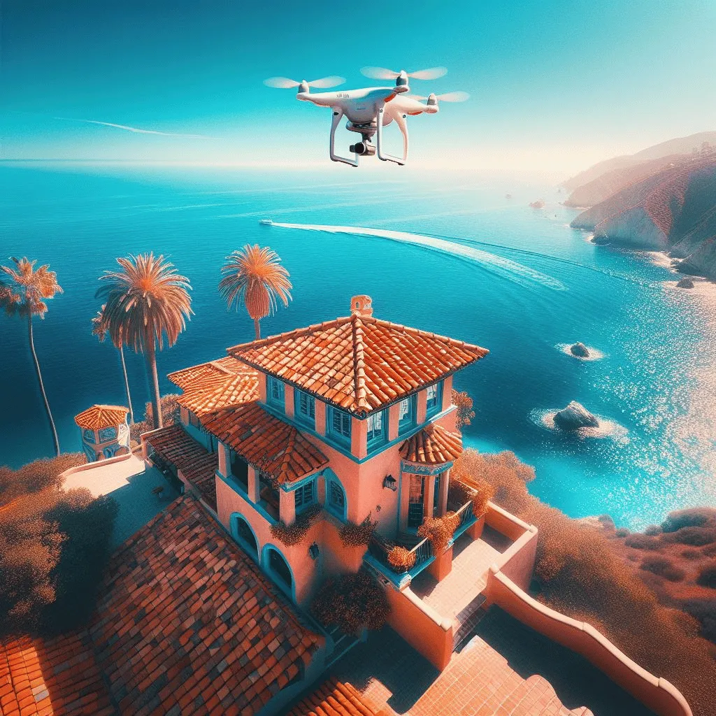 A high-angle view capturing a drone's perspective as it gracefully hovers over the tiled roof of a Mediterranean-style house on Catalina Island.