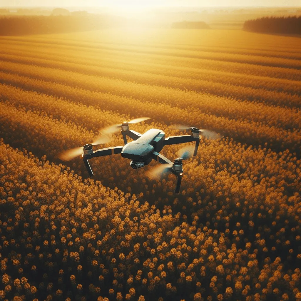 A high-angle view of a sleek drone hovering gracefully over a vast field of golden mustard crops bathed in the warm glow of the late afternoon sun. The atmosphere is serene, capturing the essence of rural tranquility.