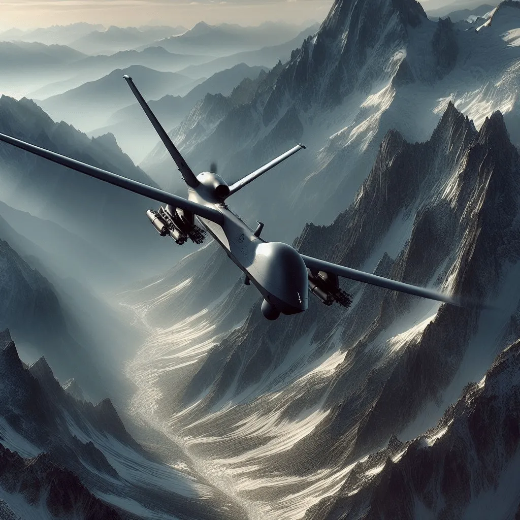 A military drone, sleek and menacing, soaring gracefully over snow-capped mountain peaks. The rugged terrain below adds drama to the scene, with the drone casting a distinct shadow on the rocky slopes.