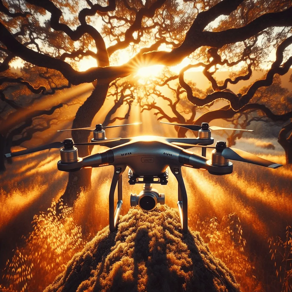 A vivid capture of a drone tangled in the branches of a tall oak tree during a golden hour sunset. The warm sunlight casts long, dramatic shadows on the drone's metallic surface, highlighting intricate details like propellers and sensors.
