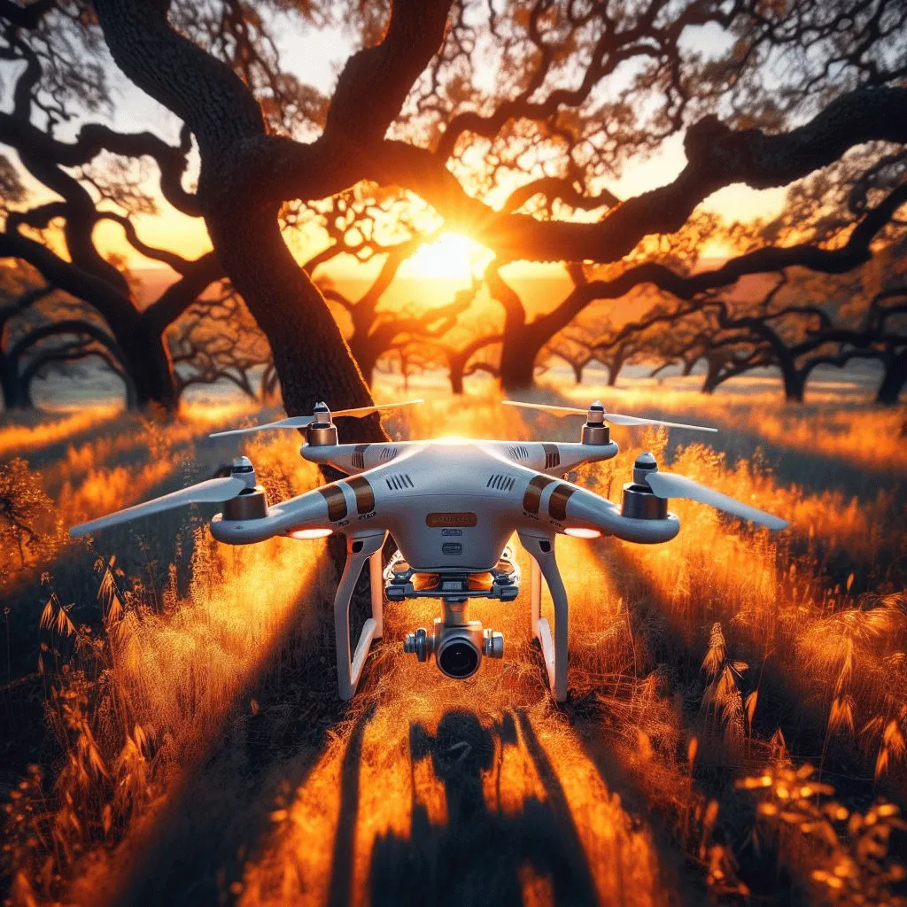 A vivid capture of a drone tangled in the branches of a tall oak tree during a golden hour sunset.