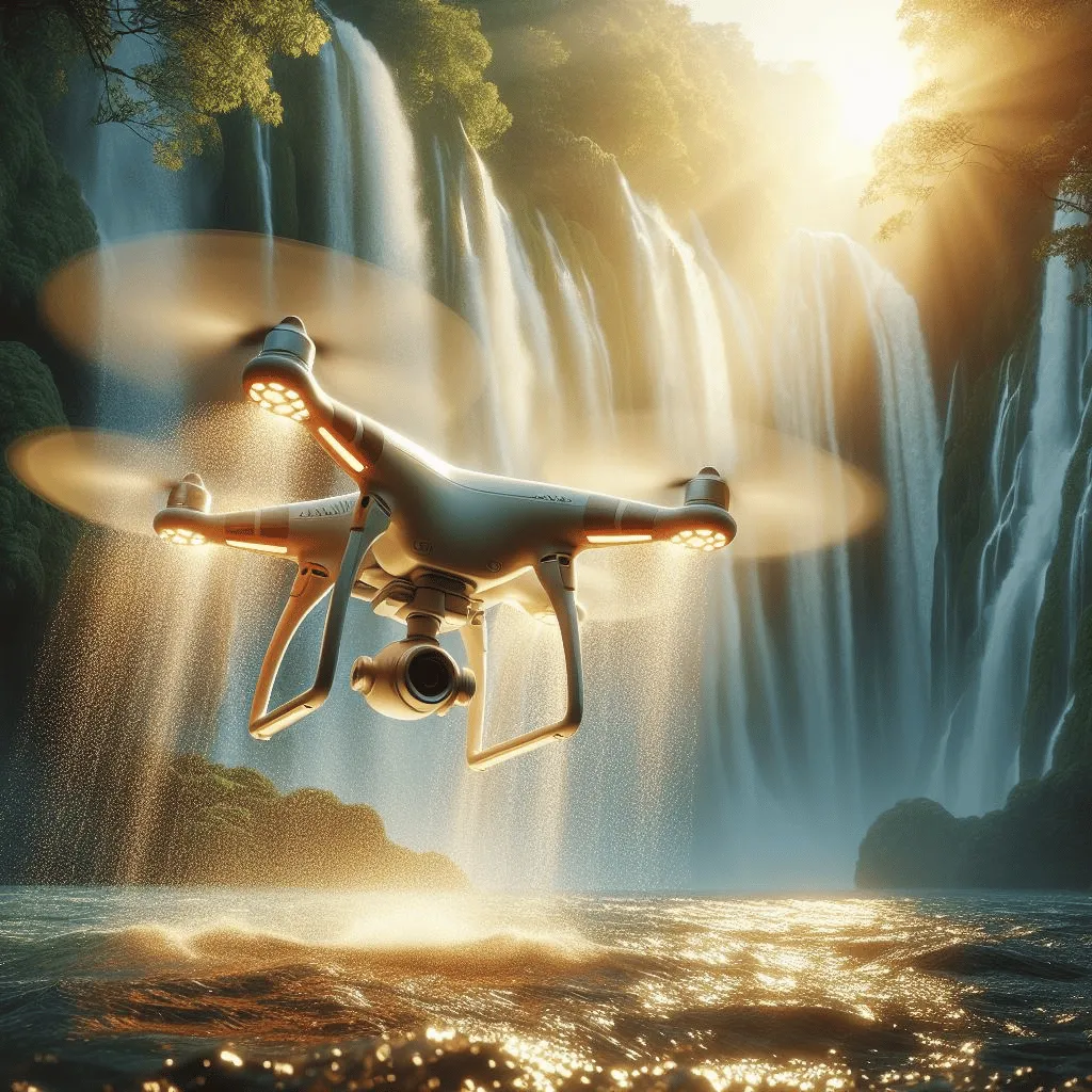 A drone hovers gracefully near a majestic waterfall, its propellers frozen in crystal-clear detail. The sunlight casts a warm glow on the water droplets surrounding the drone, creating a stunning play of light.