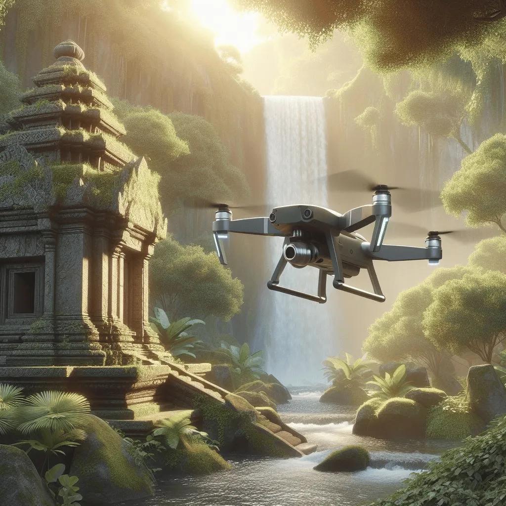 A sleek drone hovers gracefully near an ancient temple surrounded by lush greenery, capturing the serenity of the scene. The propellers are frozen in motion, displaying intricate details, while a cascading waterfall provides a dynamic backdrop.