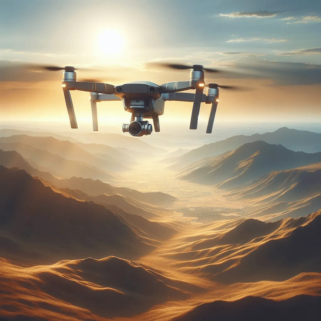 A DJI drone, hovering gracefully over a vast, sun-kissed landscape, capturing the majestic beauty of a mountain range.