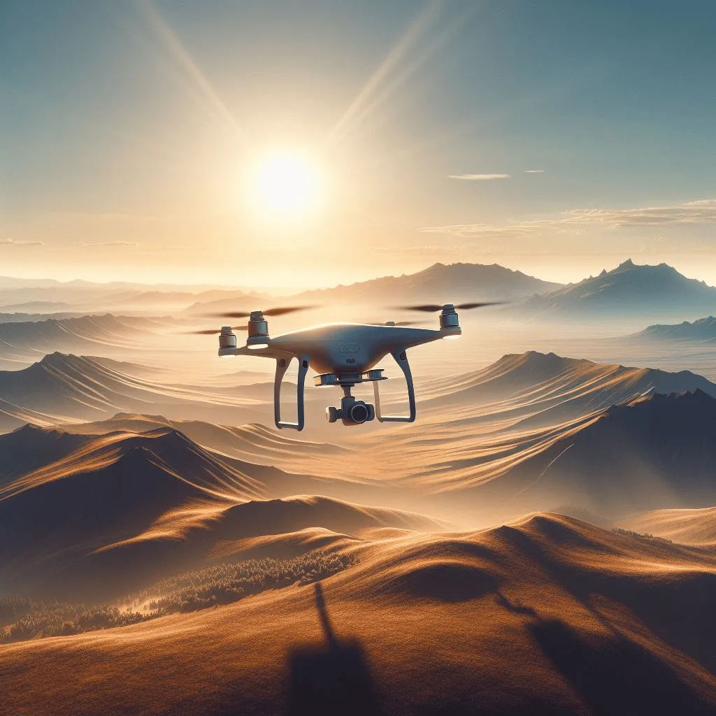 A DJI drone, hovering gracefully over a vast, sun-kissed landscape, capturing the majestic beauty of a mountain range.