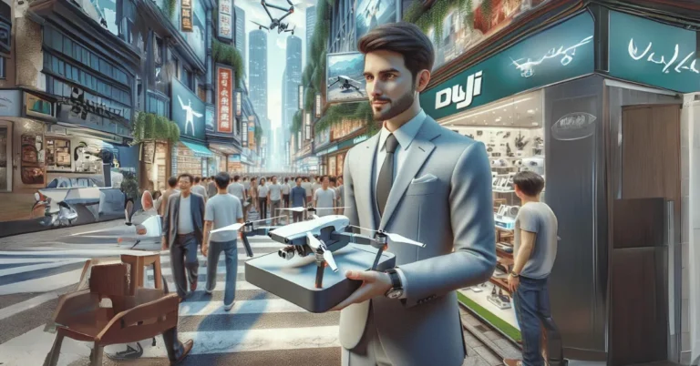 A bustling city street with a charismatic man showcasing his DJI drone for sale at a high-end electronics store.