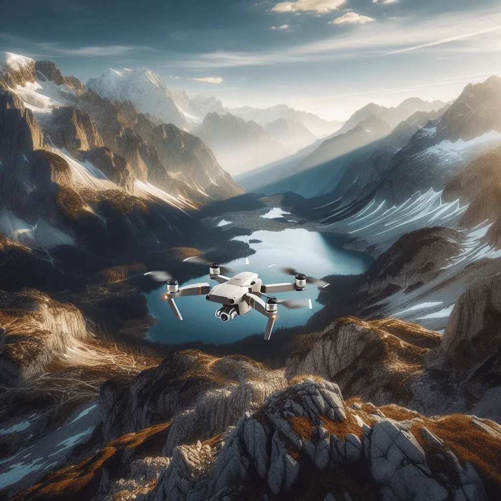 A DJI Mavic Air 2 drone gracefully soaring above majestic snow-capped mountains, capturing the breathtaking beauty of a serene alpine lake below.