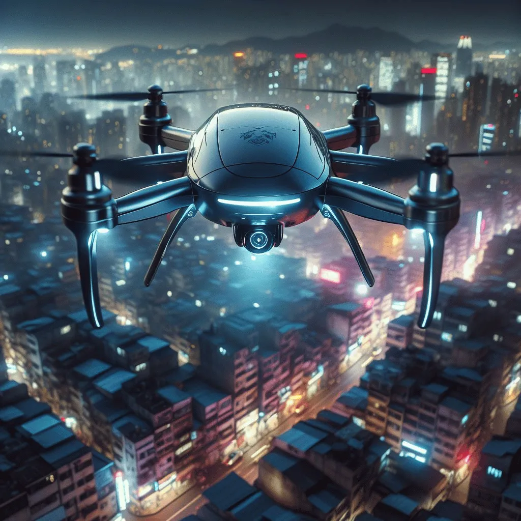 A police drone, illuminated by the soft glow of city lights, hovers silently over a metropolis wrapped in darkness.
