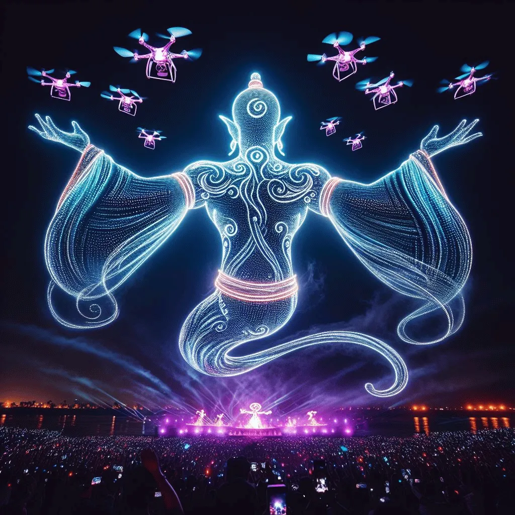 A mesmerizing night sky illuminated by a drone light show, crafting a magnificent genie figure composed of radiant neon lights.