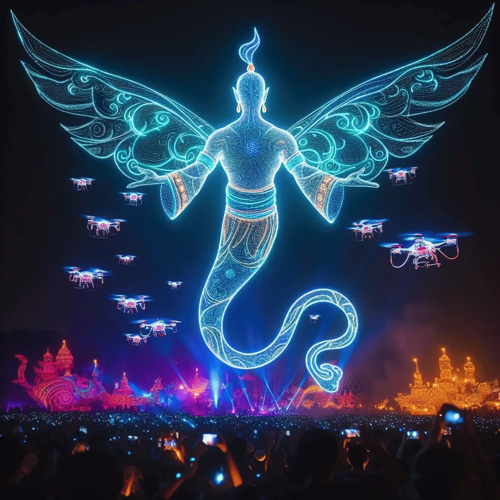 A mesmerizing night sky illuminated by a drone light show, crafting a magnificent genie figure composed of radiant neon lights.