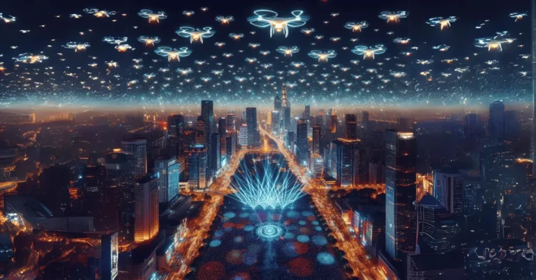 A mesmerizing drone light show illuminating the night sky over a bustling cityscape. Hundreds of drones form intricate patterns and dazzling colors, creating a breathtaking display. The environment is a city with skyscrapers and a crowd gathered in awe below.