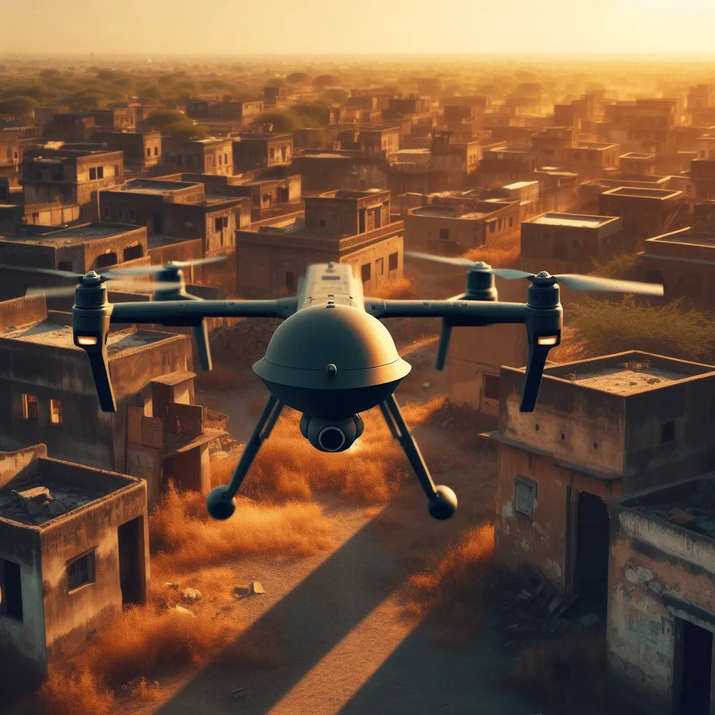 A military drone, sleek and menacing, hovers over the desolate landscape of an abandoned town in India. The weathered buildings bear the scars of time and neglect, casting long shadows in the warm, golden light of the setting sun.