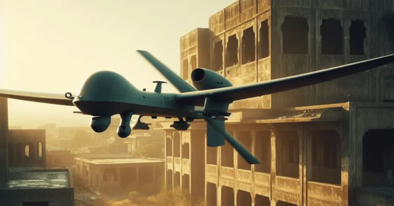 A military drone, sleek and menacing, hovers over the desolate landscape of an abandoned town in India. The weathered buildings bear the scars of time and neglect, casting long shadows in the warm, golden light of the setting sun.