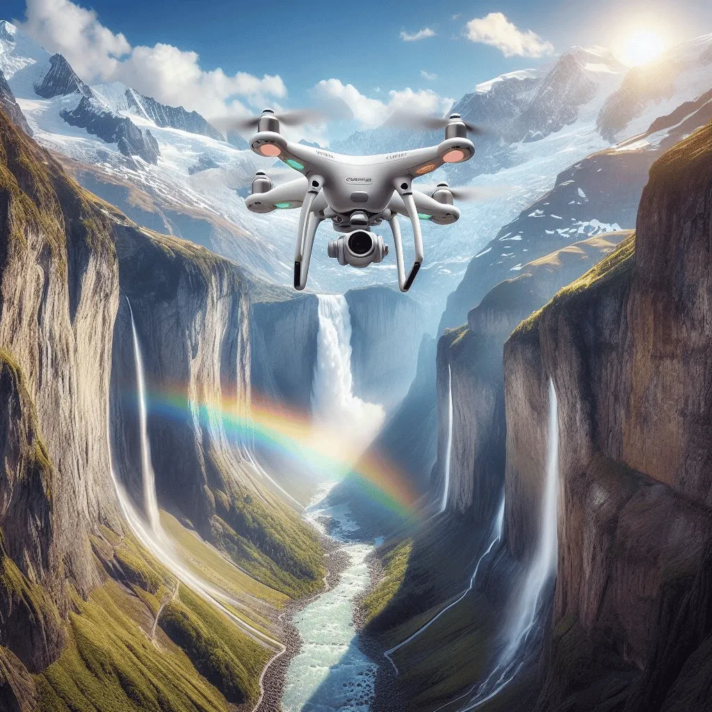 A drone, mid-flight, navigating the narrow passage between two majestic snow-capped mountains, with a breathtaking waterfall cascading in the background.