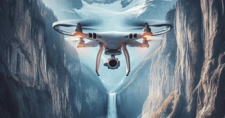 A drone, mid-flight, navigating the narrow passage between two majestic snow-capped mountains, with a breathtaking waterfall cascading in the background.