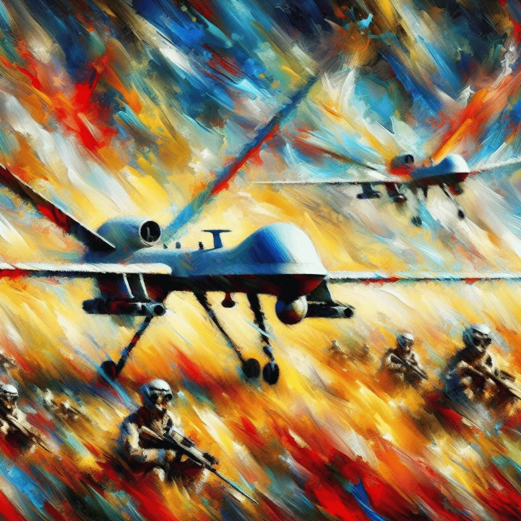 An artistic portrayal of drones in war, blending vivid colors and abstract shapes to convey the chaos and emotional impact of conflict. The scene depicts drones with wings transformed into brushstrokes, creating a dynamic composition.