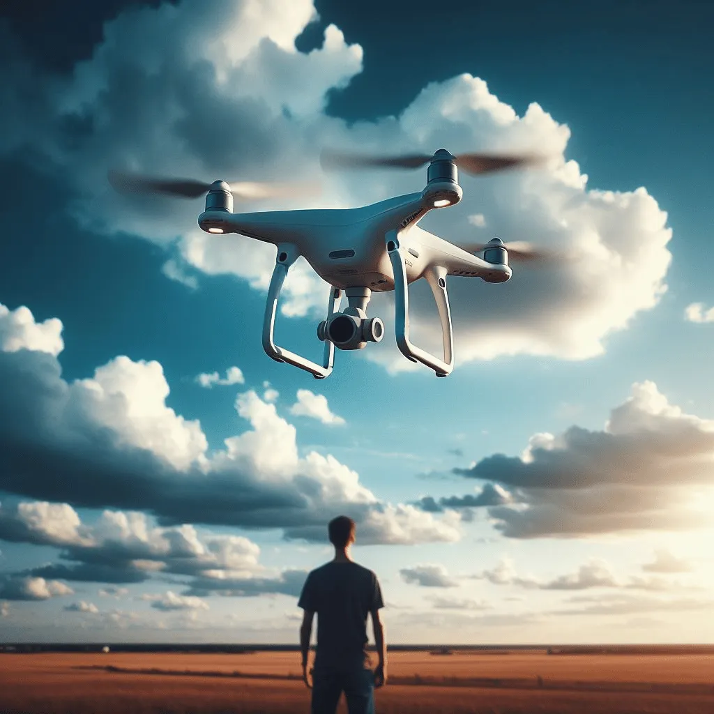 A sleek drone, captured mid-flight, tilting to one side against a backdrop of a clear blue sky. The environment is an open field with sparse clouds, conveying a sense of freedom and exploration. A person is also present in the picture.